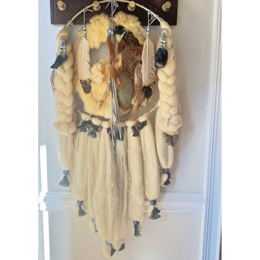 Vintage Native Large Dream Catcher‎ Wall Hanging Fur Feathers 41